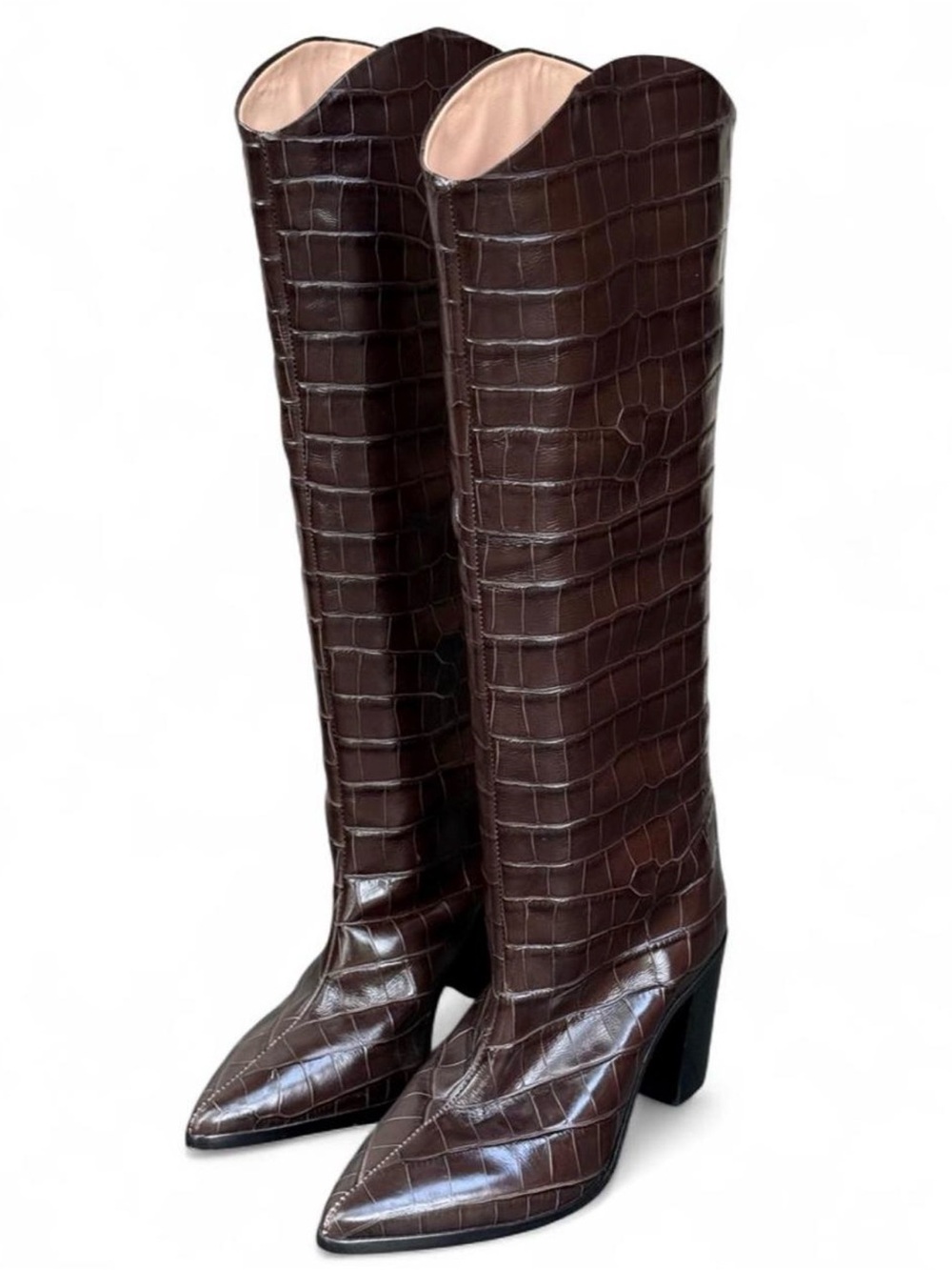 SCHUTZ Dark Brown Croc-Embossed Pointed Knee-High Boots